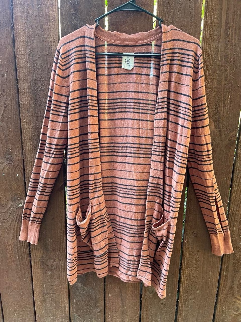 Billabong Terracotta and Black Striped Open Front Coastal Casual Boho Cardigan L